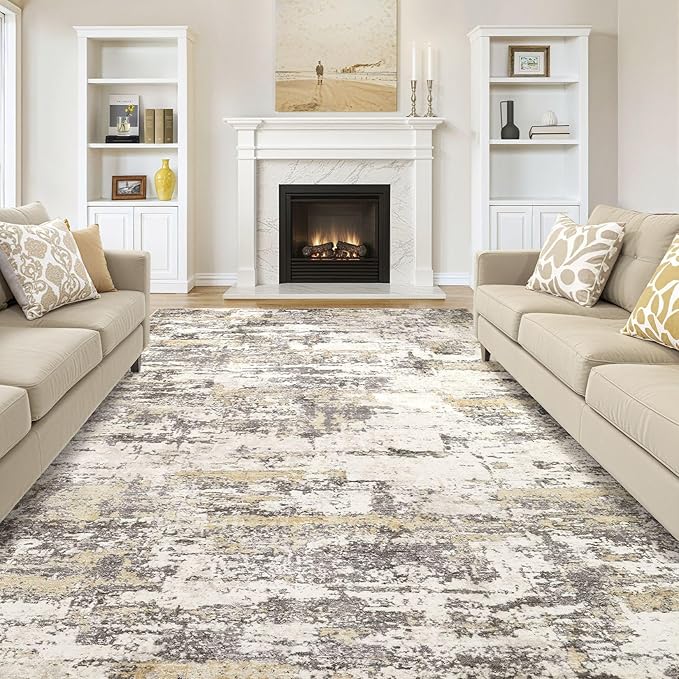 Area Rugs for Living Room: Abstract Washable Rug Modern Neutral Large Soft Stain Resistant Non-Slip Backing Machine Table for Bedroom Dining Room Indoor Home Office Carpet - 12x15 Gold Brown