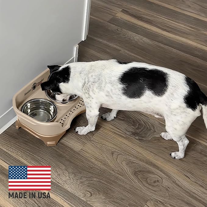 Neater Feeder Express Mess Proof Dog Bowls Elevated for Small Breeds Under 15 Lb, Made in USA, No Spill Raised Dog Food Bowl Stand, Stainless Steel Slow Feed and Standard Water Bowl Set, Cappuccino