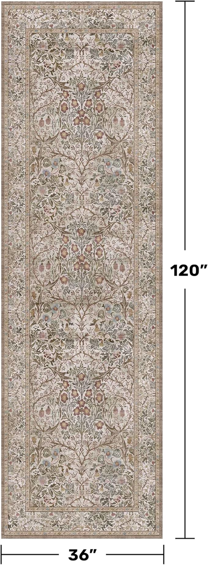 Moss Green 3x10 ft Extra Long Wide Runner Rug for Hallway Non Slip Washable, Large Kitchen Indoor Floor Rugs for Entryway Bathroom Bedroom, Stain Resistant Vintage Neutral Floral Carpet