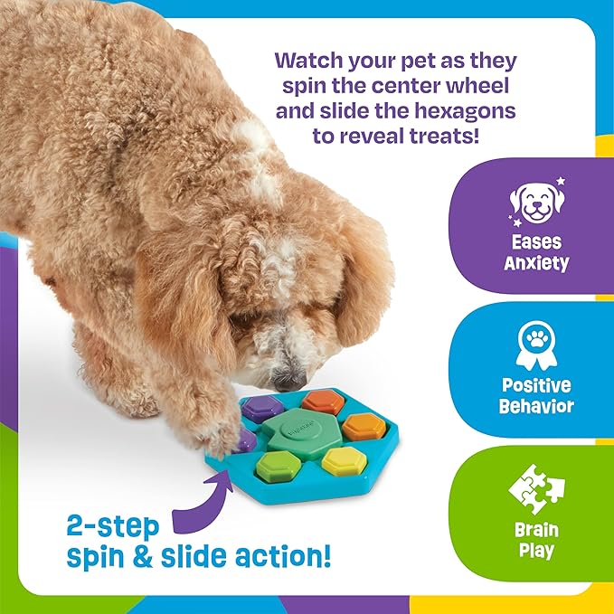 Brightkins Spin & Seek Hexagon Treat Puzzle, Outdoor Puzzle Board, Interactive Dog Toys, Dog Birthday, Enrichment Slow Feeder Bowls, Puppy Teething and Chewing, Stimulating Automatic Feeder