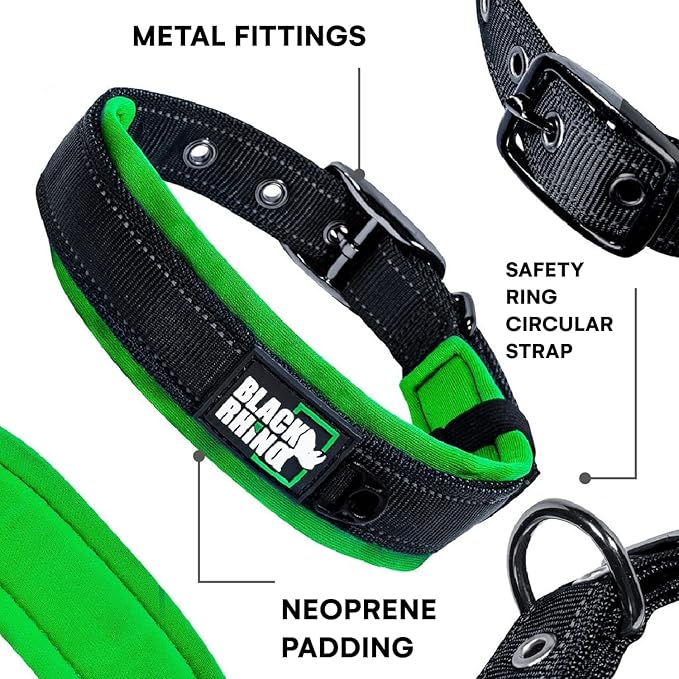 Black Rhino Dog Collar for Large Dogs - Adjustable Reflective Heavy Duty Dog Collars with Ultra-Soft Neoprene Padding - Weatherproof, Durable, and Comfortable for Active Dogs - Green and Black