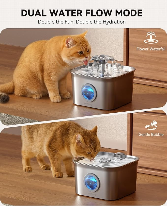 Stainless Steel Cat Water Fountain, 2.8L with 20dB Ultra-Quiet Pump- Ideal for Timid Pets, LED Water Level Window, Dishwasher Safe, 24/7 Circulation- Includes 3 Replacement Filters