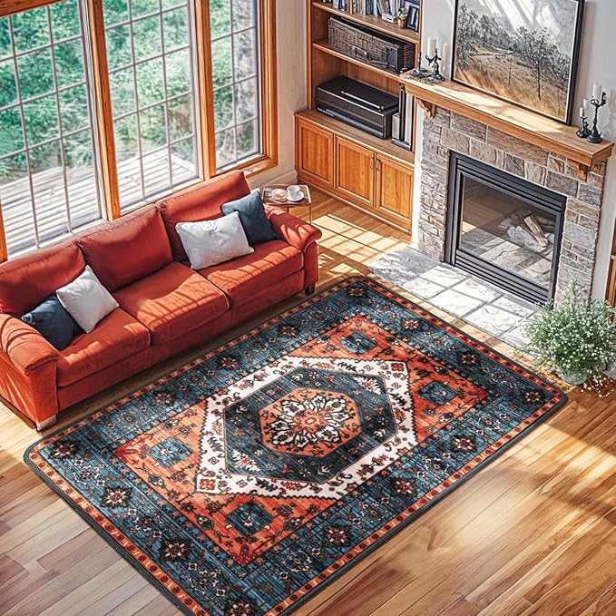 LBRO2M Boho 4X6 Rug Washable Rugs for Bedroom Non Slip Indoor Carpet, Soft Low Piles Rug Foldable Rugs for Living Room Pet Friendly Area Rugs Stain Resistant (4'X6' Multi Rust)