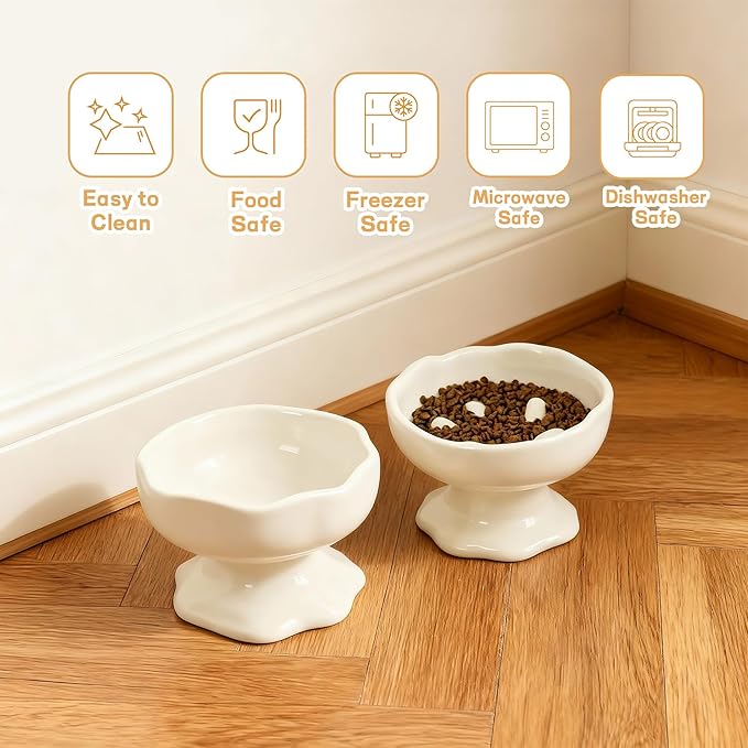 Ceramic Elevated Cat Bowl Set, Tilted Slow Feeder Bowl & Water Bowl for Cats, Kittens and Small Dogs, Neck Protection, Anti-Vomiting Design, Whisker Friendly, Stylish Speckled White