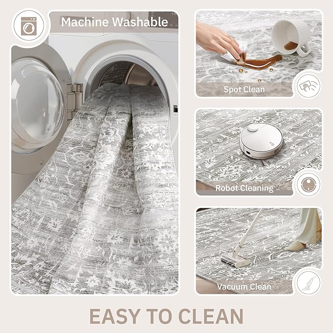 9x12 Washable Area Rugs for Living Room, Vintage Floral Stain Resistant Non-Slip Low Pile Natural Rug Soft Throw Large Carpet for Dining Room Bedroom Farmhouse Home Office (Grey, 9'x12')