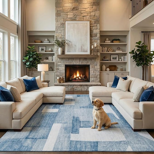 8X10 Area Rugs Modern Abstract Large Carpet for Living Room Bedroom Dining Room Office Nursery, Non Slip Washable Blue Rugs 8X10 Geometric Pattern Thin 8 by 10 Indoor Home Decor Pet & Child Friendly