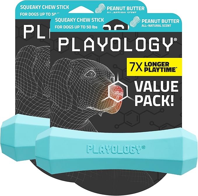 Playology Dog Toys | Durable Squeaky Chew Stick for Dogs (Value 2-Pack) | Medium Peanut Butter Scented Toy - Easy to Clean and Made from Non Toxic Materials