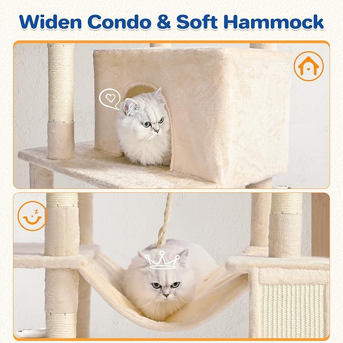 Cat Tree Tower 63in Multi-Level Cat Tower for Indoor Cats with Sisal Scratching Posts, Condo, Hammock, Dangling Ball and Extended Platform for Cats to Play, Beige