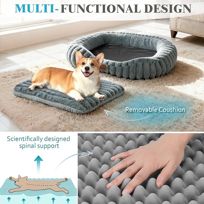 Cute Dog Bed for Extra Large Dogs, XL Washable Soft Plush Furry Calming Dog Bed with Removable Zipper Cover, Orthopedic Rectangle Anti-Anxiety Pet Kennel Bed with Handle, 43x31x5inches, Grey
