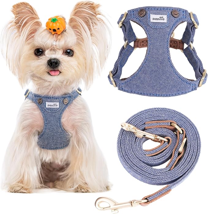 Puppytie No Pull xs Dog Harness with Multifunction Dog Leash,Soft Adjustable No Choke Escape Proof Pet Harness Vest,Denim Light Blue,XXS