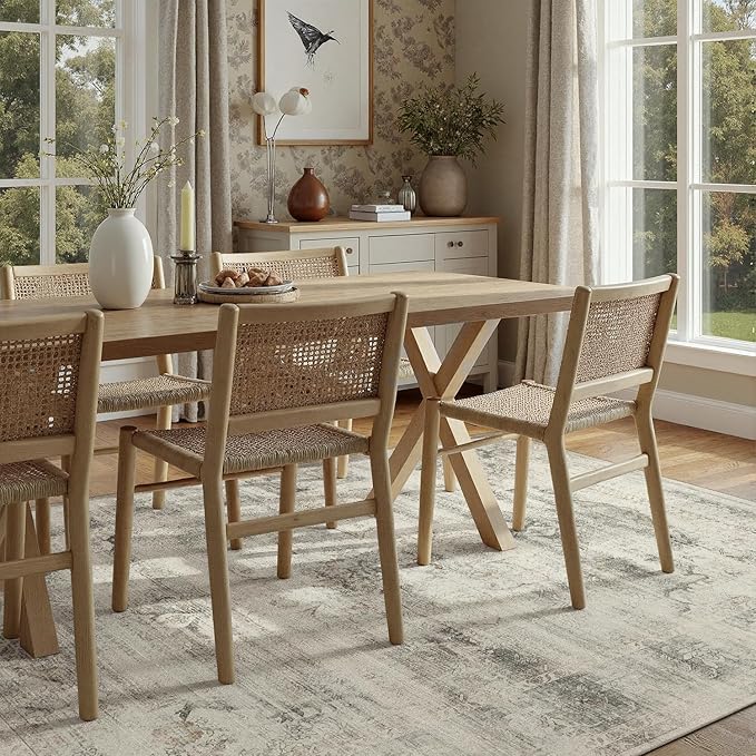 DCX 6x9 Beige Rug, Machine Washable Stain Resistant Distressed Vintage Rug, Kid & Pet Friendly with Rubber Back Non Slip Soft Low Pile Large Carpet for Living Room, Bedroom, Home Office