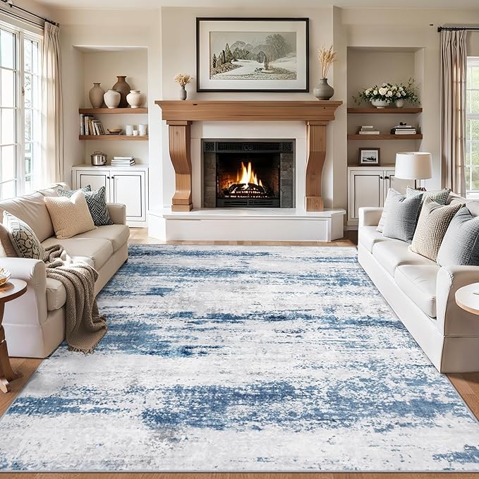 6x9 Area Rugs for Living Room - Washable Rug Modern Abstract Soft Large Neutral Non-Slip Carpet Indoor Floor Thin Carpets for Bedroom Dining Room Farmhouse Nursery Home Office White Blue Grey
