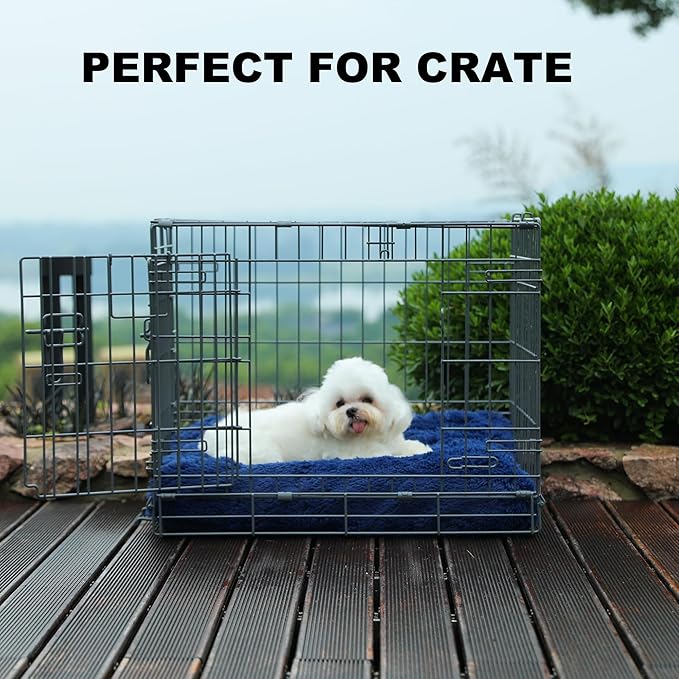 Bedfolks Waterproof Dog Crate Pad, Plush Dog Kennel Bed with Removable Cover, Faux Fur, Washable, 23"x18", Dark Blue