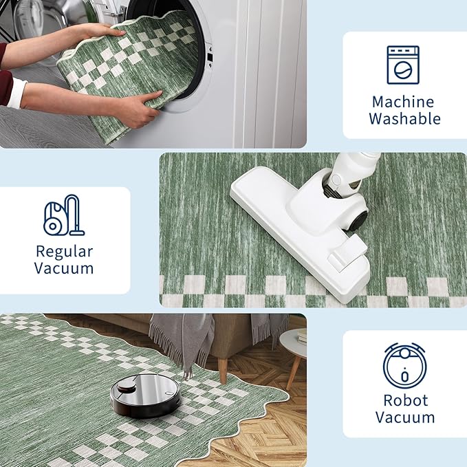 GarveeHome Scalloped Round Rug 4ft Modern Solid Color Circle Rugs Non Slip Low Pile Living Room Throw Carpat Washable Bedroom Scalloped Round Area Rug Stain Resistant Bordered Rug for Kitchen, Green