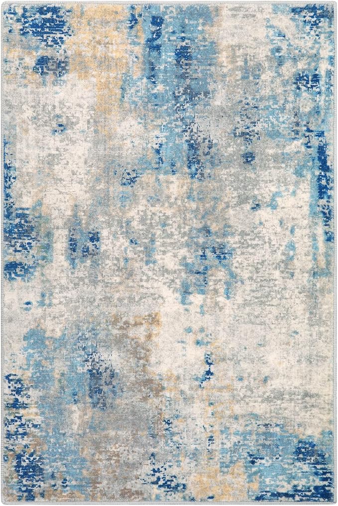 Lahome Modern Abstract Kitchen Rug - 2x3 Washable Small Front Doormat Soft Throw Rugs for Entryway Non-Slip, Contemporary Faux Wool Floor Indoor Carpet for Bathroom, Blue/Yellow/Ivory