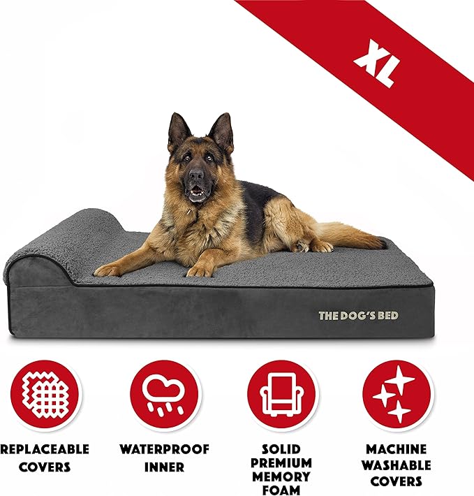 The Dog’s Bed Orthopedic Memory Foam Dog Bed with Headrest, Plush Fabric, Grey Plush, XL, 6-Inch