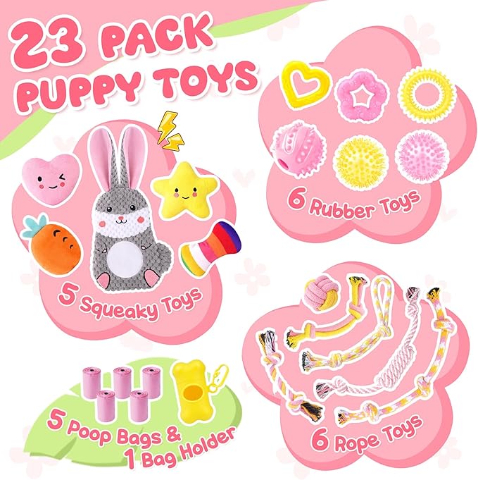 Zeaxuie 23 Pack Pink Puppy Toys for Teething, Small Dog Toys with Cute Puppy Chew Toys, Squeaky Dog Toys, Treat Ball and Interactive Rope Toys