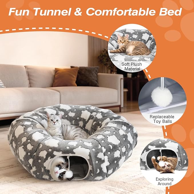 Cat Tunnels for Indoor Cats, 35'' Plush Cat Tunnel Bed with Playful Ball and Circle Cushion, Multifunctional Peekaboo Cat Cave, Interactive Toy Gift for Cats, Kittens, Rabbits, Gray&Cloud