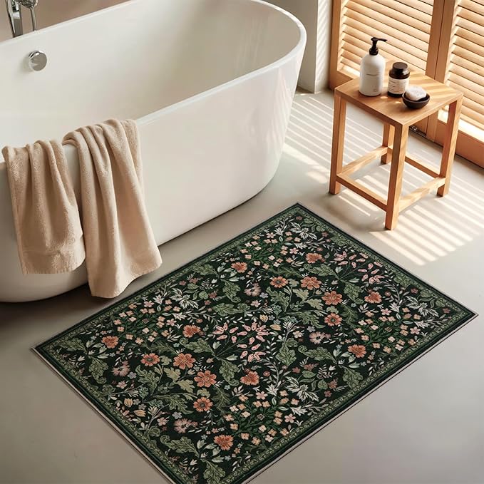 Floral Entryway Washable Rug: 2x3 Soft Low Pile Thin Indoor Front Door Mat, Non Slip Stain Resistant Vintage Flower Boho Accent Small Rugs for Bedroom, Kitchen, Bathroom, Nursery Entrance - Black