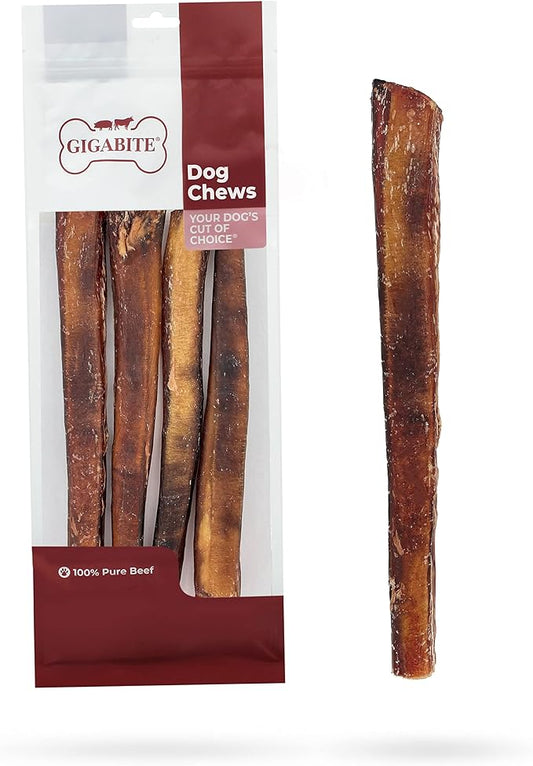 GigaBite Single Ingredient All Natural Free Range Bully Treats and Chews - Bully Sticks/Bladder Sticks/Beef Esophagus by Best Pet Supplies - Bully Sticks (Monstrous 12"), Pack of 4