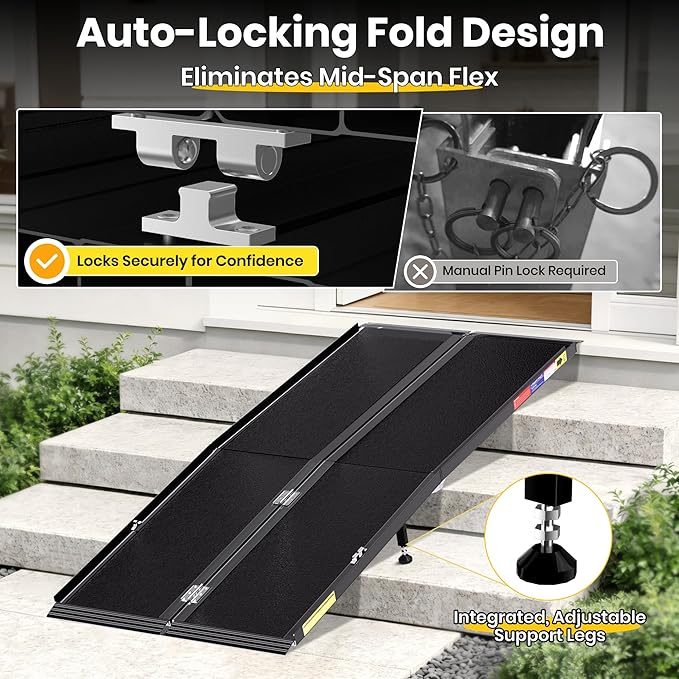 7 Feet Portable Wheelchair Ramp with Sopport Legsk, Black Seamless Non-Slip Aluminum Folding Handicap Ramp,Threshold Ramp for Doorways, Wheel Chair Ramp for Home Steps