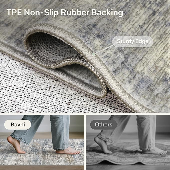 Bavni Washable Rug, Soft Abstract Rugs Non-Slip, Thin Foldable 3x5 Rug, Modern Stain Resistant Area Rug for Living Room, Kitchen, Bedroom, Blue/Light Grey