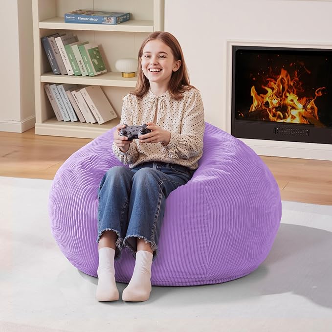 Homguava 2.5FT Bean Bag Chair,Teardrop Bean Bags Small Beanbag Chair with Memory Foam Filled and Ultra Soft Corduroy Cover for Living Room, Bedroom (Purple)