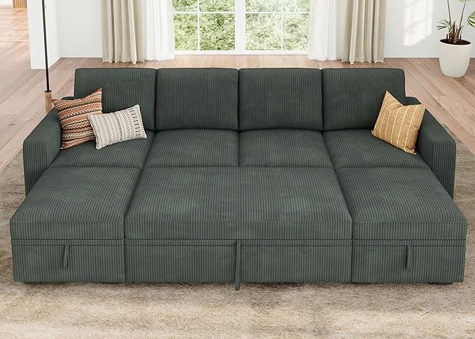 HONBAY Modular Sectional Sleeper Sofa Bed, Corduroy Pull Out Couch with Storage Ottoman, U Shaped Sectional Couches for Living Room, Green