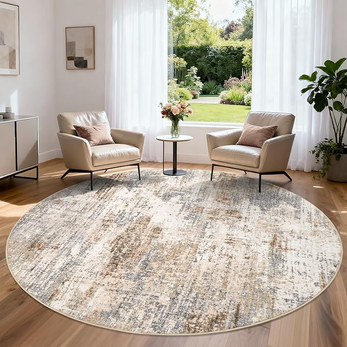 Area Rug Living Room Washable Rugs: 6x6 Modern Neutral Abstract Low Pile Non Slip Floor Carpet - Large Soft Thin Stain Resistant Rug for Bedroom Dining Indoor Office Home, Brown Grey