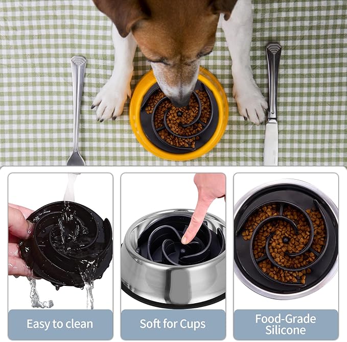 Slow Feeder Dog Bowls Insert, Bestalk Soft Silicone Slow Eating Feeder Insert with Suction Cups for Small, Medium and Large Dogs, Fit into Basic and Elevated Dog Bowls, Black