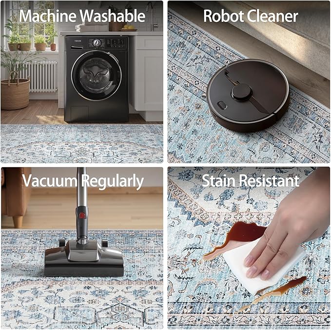 DCX Blue 5x7 Area Rug, Machine Washable Non Slip Stain Resistant Rug, for Living Room, Bedroom, Playroom, Soft Low Pile Large Nursery Carpet