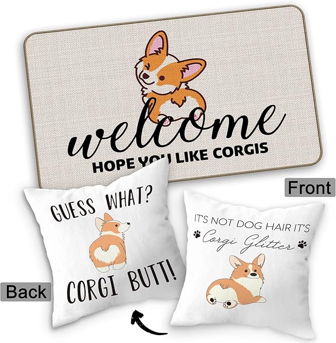 Hope You Like Corgis Welcome Door Mat Doormat 17”x30”,It's Not Dog Hair It's Corgi Glitter Reversible Throw Pillow Cover 18”x18”,Set of 1 Pillow Cover 1 Doormat Decor for Home Girls Kids Room