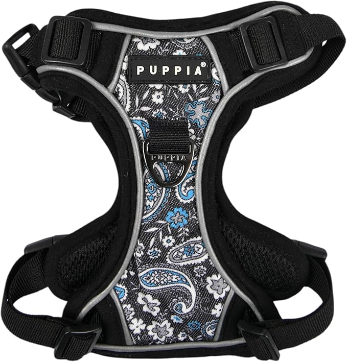 Puppia Cynthia Dog Harness H Sturdy Adjustable Neck and Chest Reflective Flower Pattern Front and Back D-Ring for Small and Medium Dogs, Black, XX-Large