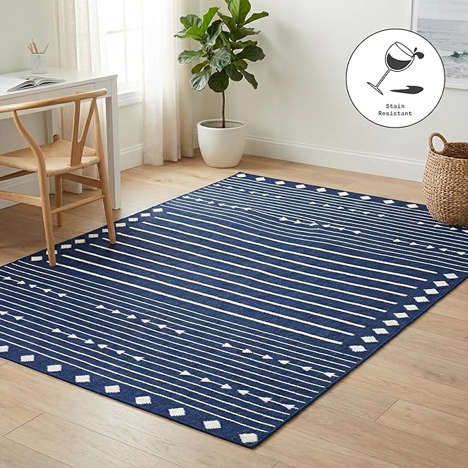 Fab Habitat Machine Washable Area Rug - Hand Woven, Stain Resistant, Pet Friendly, Reversible - Premium Recycled Polyester Yarn - Aztec, Kilim - Bedroom,Living Room - Flagstaff - Navy/White - 4 x 6 ft