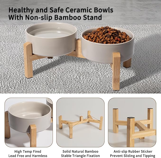 Elevated Ceramic Dog Bowl Set - Raised Feeding Bowls with Non-Slip Bamboo Stand - Small Pet Dishes for Food and Water - Ideal for Cats and Puppies - 16.23 OZ - 2 Cups - 480 ML