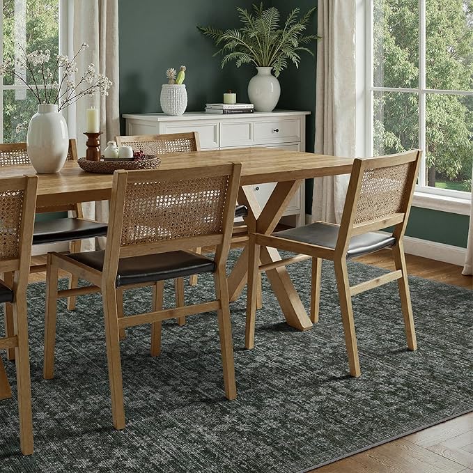 DCX 8x10 Neutral Rug, Kid & Pet Friendly with Rubber Back Non Slip, Machine Washable Stain Resistant Dark Blue and Green Floral Rug for Living Room, Bedroom, Soft Low Pile Large Nursery Carpet