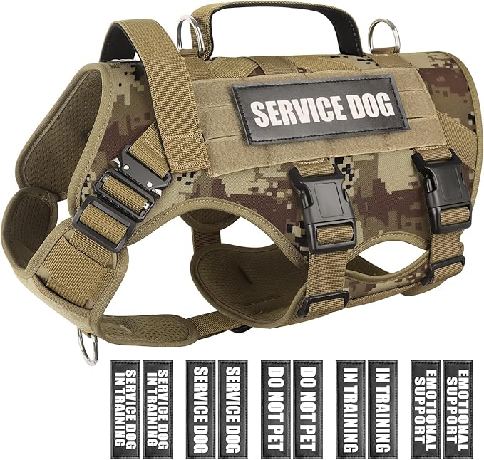 WINSEE Service Dog Vest Harness for Large Dog, Tactical Working MOLLE Vest with 10 Pet Patches, No Pull Heavy Duty Harness for Training Walking