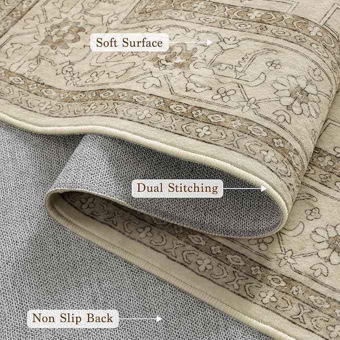 LBRO2M Distressed Washable Rugs 9X12 Area Rug for Living Room for Bedroom Dining Room Non Slip Farmhouse Rugs Easy Clean, Stain Resistant Carpet Great for Pets and Kids (9'X12' Beige)