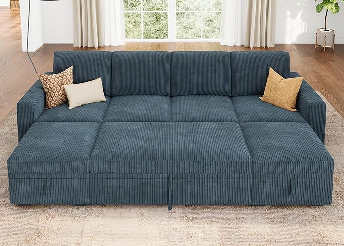 HONBAY Modular Sectional Sleeper Sofa Bed, Corduroy Pull Out Couch with Storage Ottoman, U Shaped Sectional Couches for Living Room, Blue