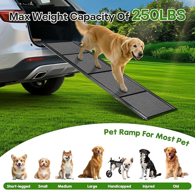 67''x 17'' Folding Dog Ramp for Truck, Aluminum Pet Ramp for Large Dogs, Foldable Dog Stairs Steps Up to 250LBS, with Non-Slip Rug Surface for Car, SUV, Bed, Indoor & Outdoor(Wire Loop Fabric)