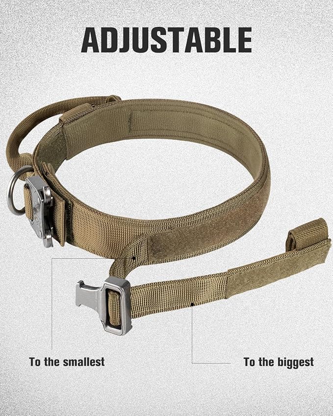 Joytale Tactical Dog Collar with Handle, Adjustable Heavy Duty Military Collar with 2 Patches for Training, Suitable for Medium Dogs, Khaki, M