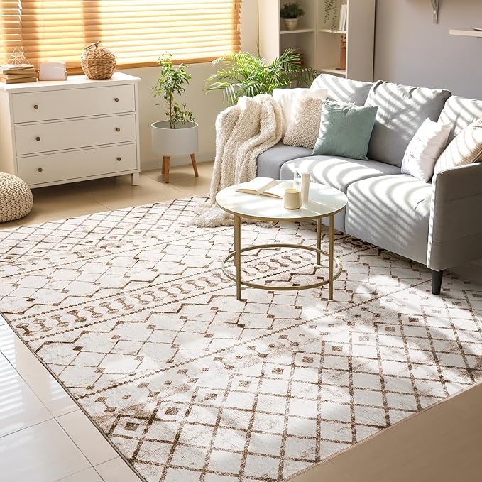 Lessymo Washable Area Rugs 6x9 for Bedroom Living Room Kitchen, Ultra-Soft Faux Wool Geometric Area Rug with Non-Slip Rubber, Kid & Pet Friendly, Geometric Beige