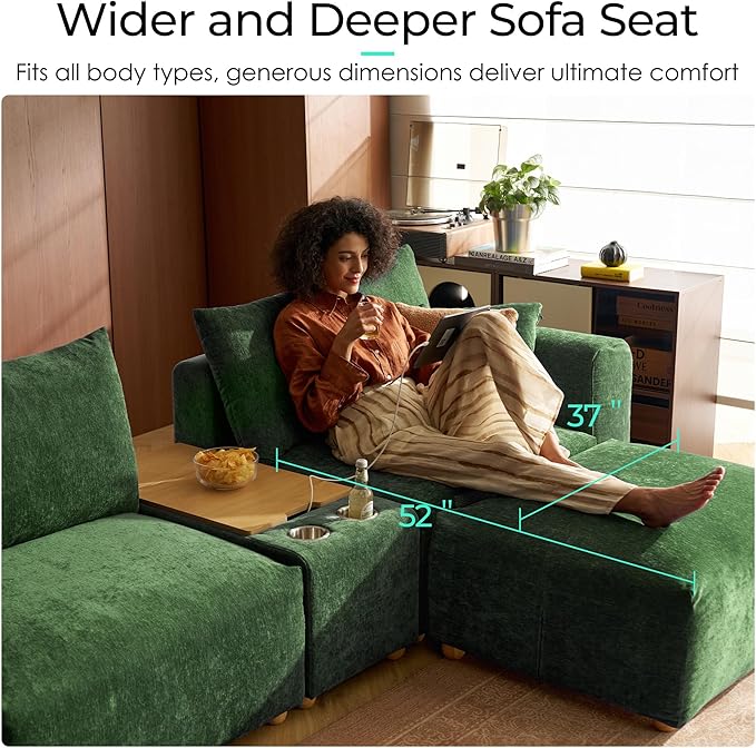 LINSY HOME Cloud Couch Sectional, Modular Sofa Sectionals for Living Room Bedroom, 91" 2 Seater Love Seat Couch with Ottoman, Deep Seat Cozy Couch Luxury Chenille Sofas, Green