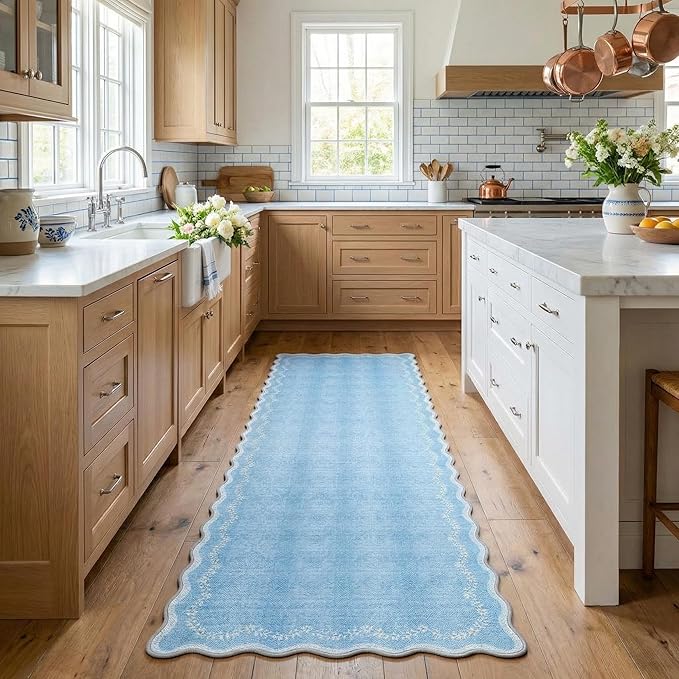 GarveeHome 2x6 Scalloped Washable Runner Rug for Kitchen, Soft Blue Hallway Runner Non Slip Entryway Rug Farmhouse Thin Laundry Mat Stain Resistant Carpet for Bedroom Bathroom Beside Rug