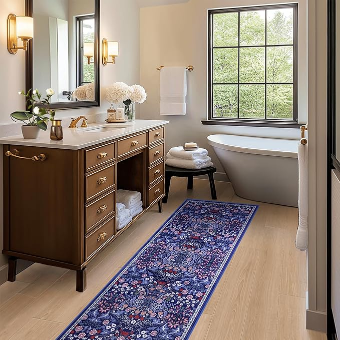 Runner Rug for Entryway: 2x6 Kitchen Rugs Non Slip Washable Ultra-Thin Soft Floral Carpet Indoor Floor Stain Resistant Carpets for Hallway Bedroom Kitchen Laundry Bathroom Dorm Blue