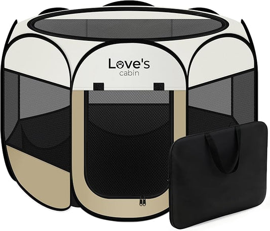 Love's cabin Pet Puppy Dog Playpen, Medium Dog Tent Crates Cage Indoor/Outdoor, Portable Playpen for Cat, Foldable Pop Up Dog Kennel Playpen with Carring Case, Removable Zipper Top, Khaki