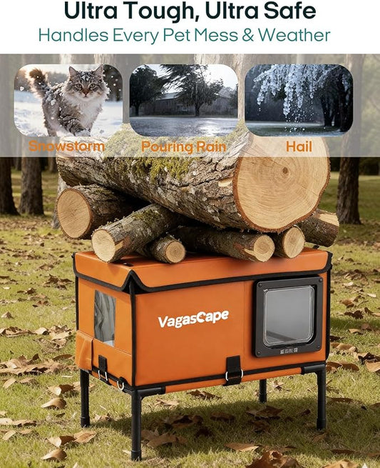 Heated Outdoor Cat House for Outside Pets in Winter - Outdoor House for Ferals, Safe Escape Door Included, Rainproof & Windproof, Easy Installation (Orange)