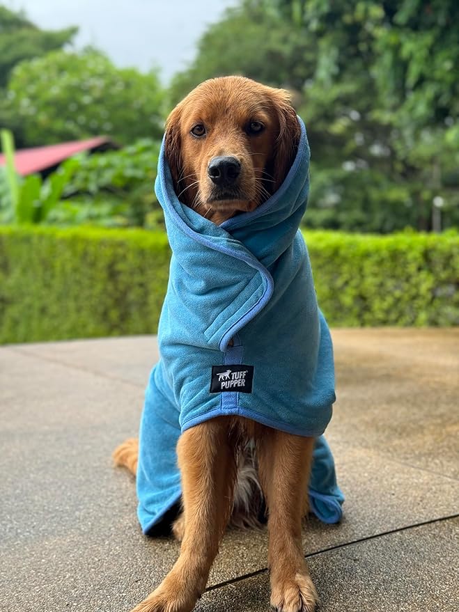 Tuff Pupper Fast Drying Dog Bath Robe | 800 GSM Plush Dog Towel Bathrobe/Dressing Gown | Super Absorbent Pet/Puppy Bathrobe | Adjustable Hood & Belly Strap | Super Soft | Fast Drying (XXL, Blue)