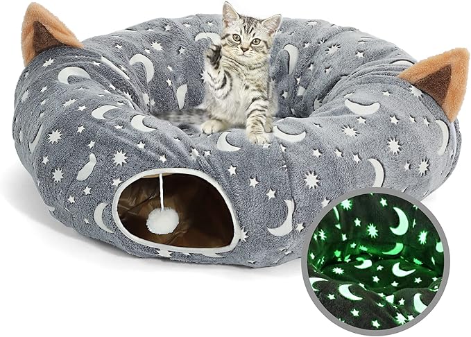 LUCKITTY Cat Tunnel Bed Under Christmas Tree with Plush Ball Toy Playground Crinkle Collapsible Self-Luminous Flannel Fabric 3FT for Large Cats Kittens Kitty Small Animals Puppy Grey Moon Star