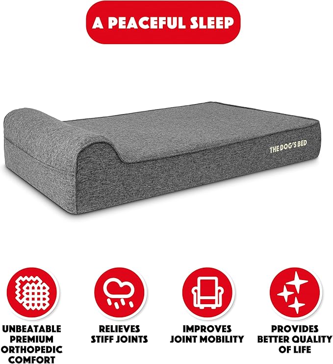 The Dog’s Bed Orthopedic Memory Foam Dog Bed with Headrest, Linen Fabric, Grey Linen, XL, 6-Inch